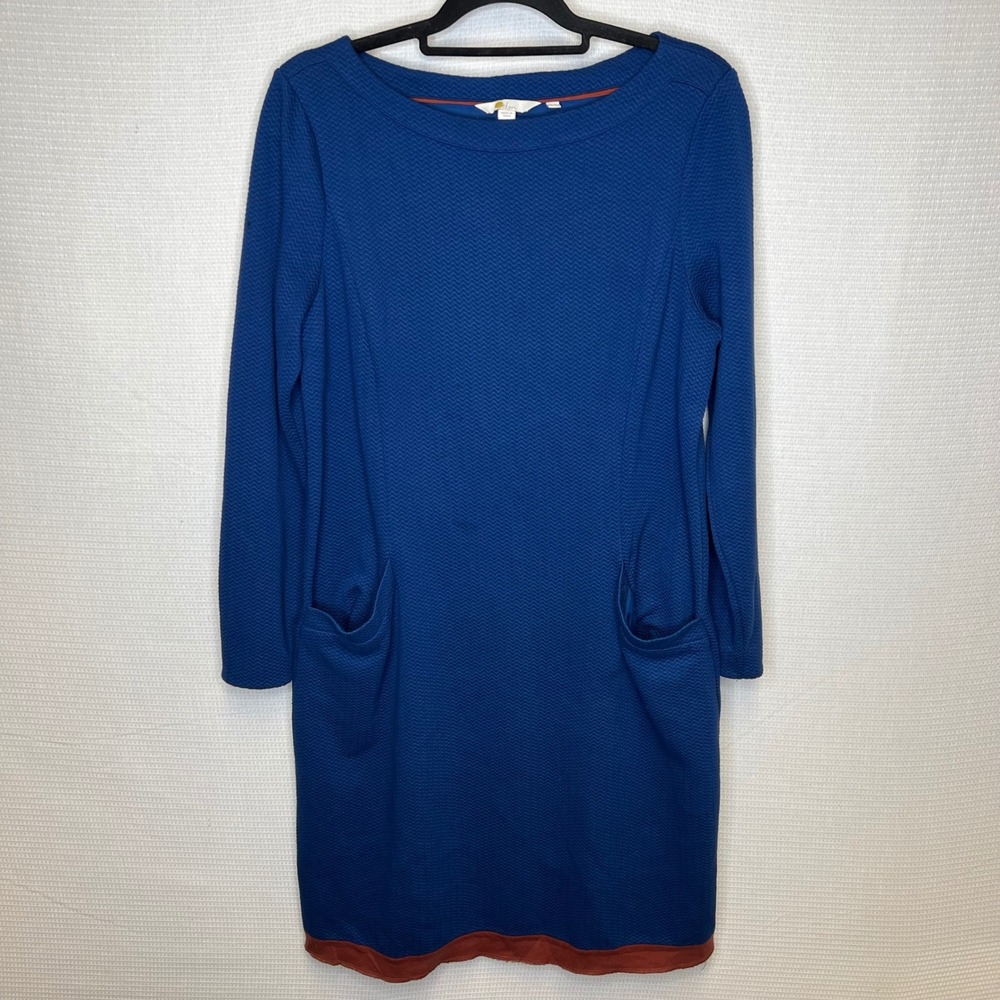 Boden Blue Textured Chevron Knit Shift Dress‎ with Pockets Rust Hem US 12L J0774